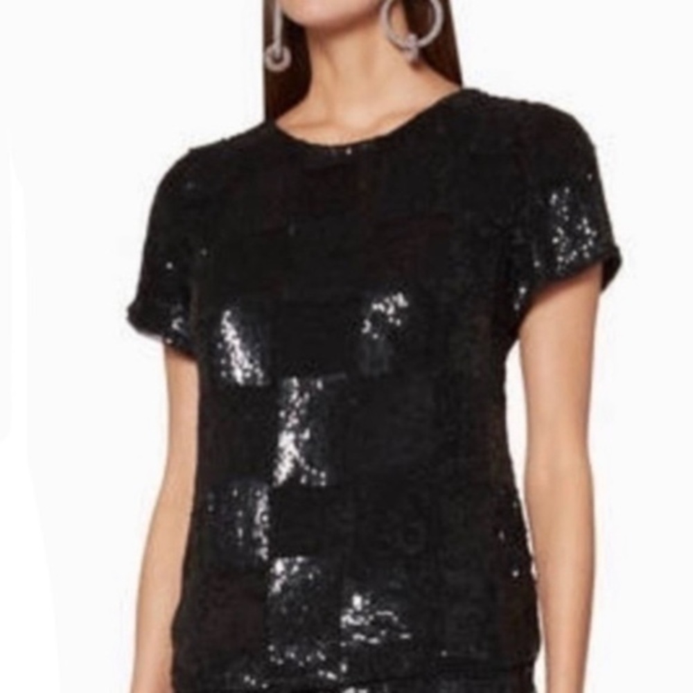 RETROFETE BLACK SEQUINED SHORT SLEEVE ROUND NECK LUXURY LINED PARTY TOP
